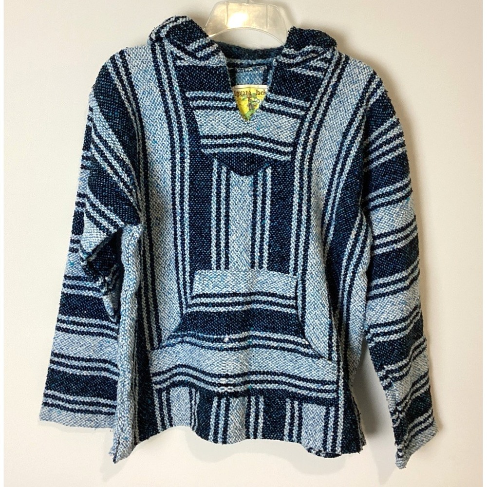 Iguana Jack Baja Pullover Sweater Men's Med Blue Hoodie Woven Poncho Mexico